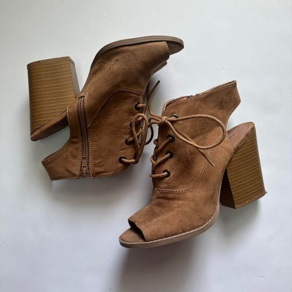 Brown Suede Ankle Boots with Peep Toe - Picture 1 of 4